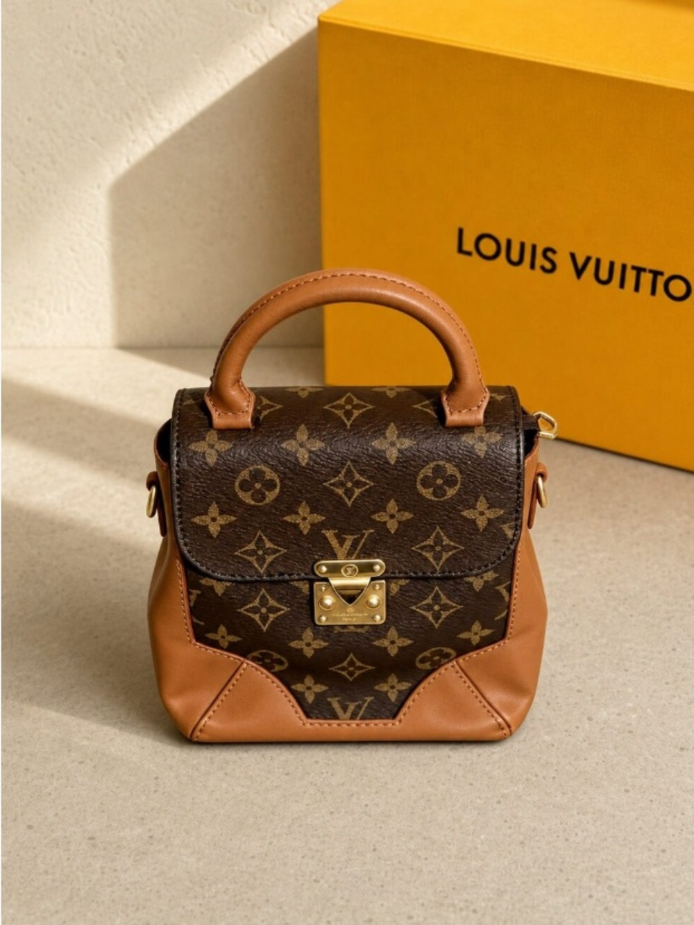 Louis Vuitton Brown Monogram Small Top-Handle Bag with Tan Trim